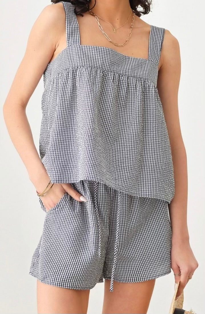 Gingham Sleeveless Top Elastic Waist Tie Short Set