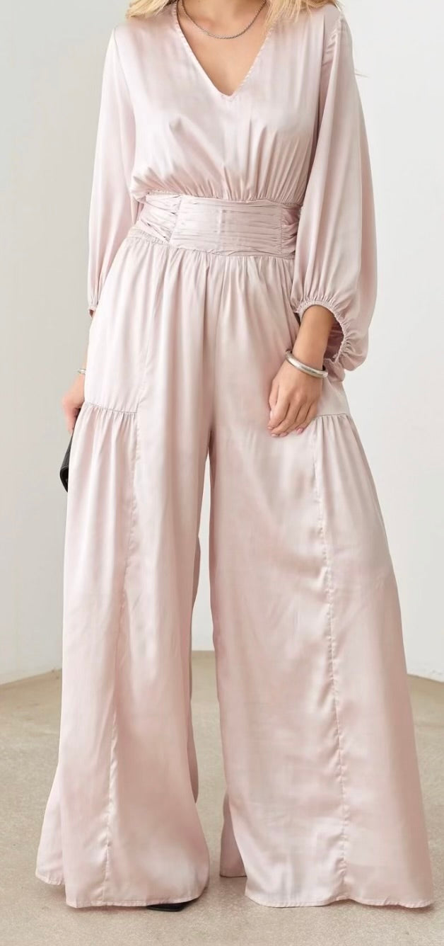 Satin V-Neck Ruched Waist Puff Sleeve Wide Leg Jumpsuit