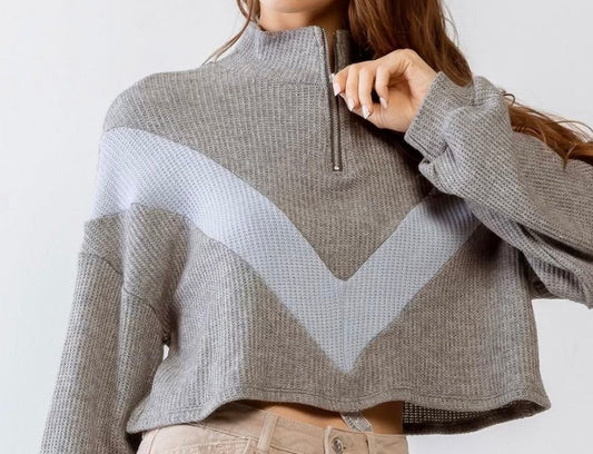 Grey & Blue Waffle Knit Zip-Up Long Sleeve Crop Top