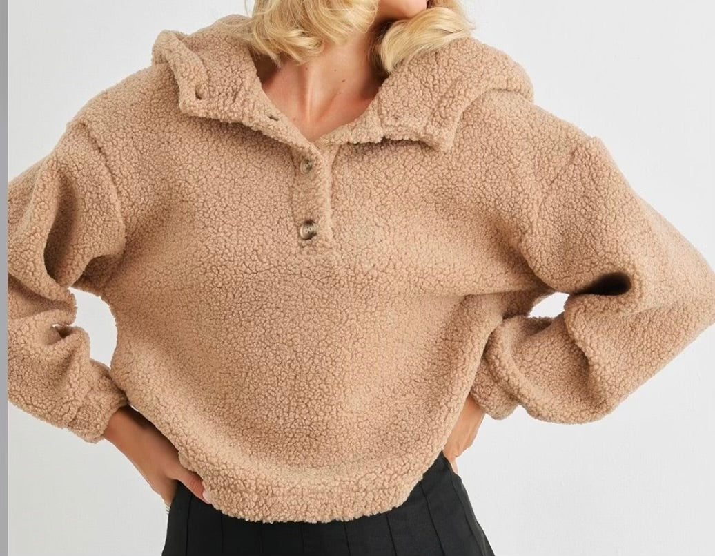 Mocha Teddy Knit Button-Up Two Pocket Hooded Sweatshirt