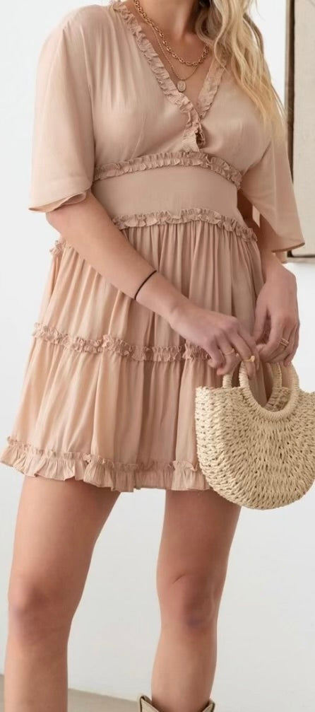 Ruffle Detail Flared Sleeve Tiered Mini Dress