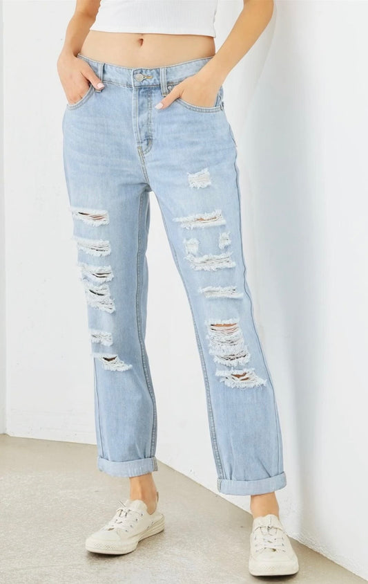 Light Blue Denim Cotton Ripped High Waist Jeans