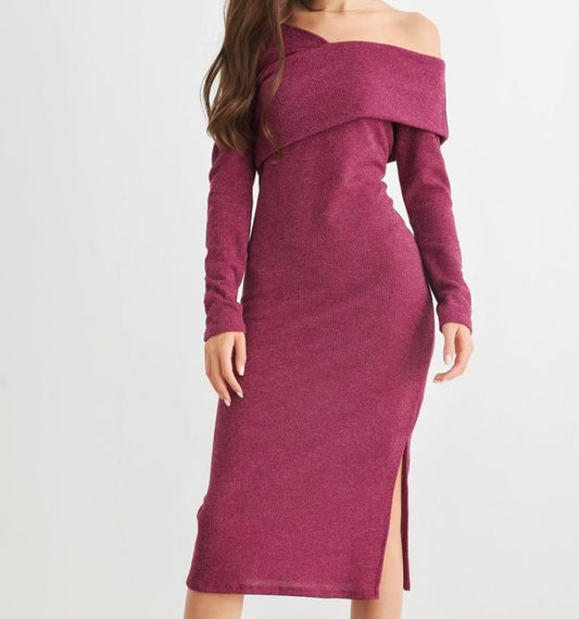 Magenta Knit Cold Shoulder Long Sleeve Collar Neck Midi Dress