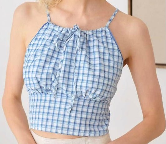 Boho Plaid Adjustable Strap Front Tie Lace Trim Crop Top