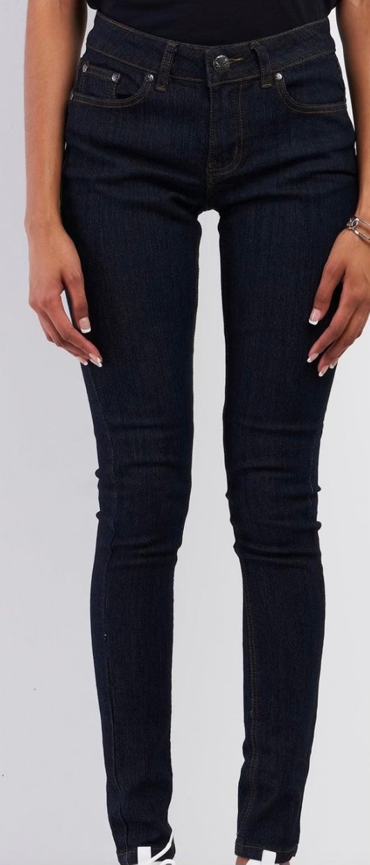 Dark Blue Low-Mid Rise Designed Back Pocket Straight Cut Denim Jeans