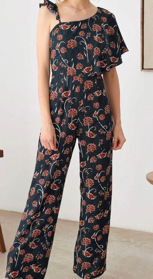 Floral Short Ruffle Sleeve Ruffle Strap Wide Leg Side Zipper Jumpsuit