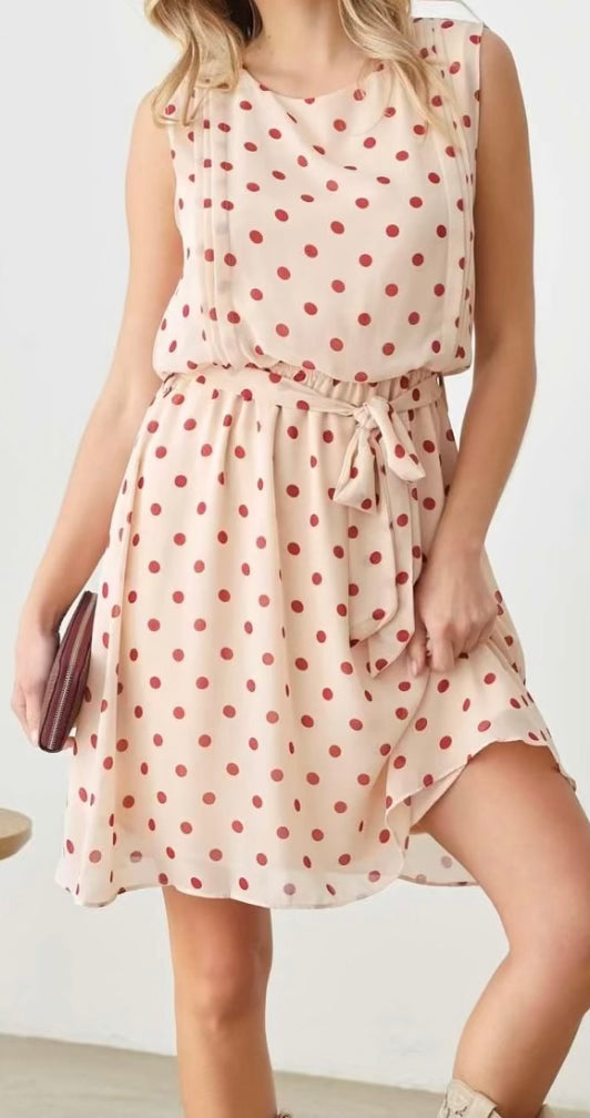 Polka Dot Print Tie Waist Fit Flare Midi Dress