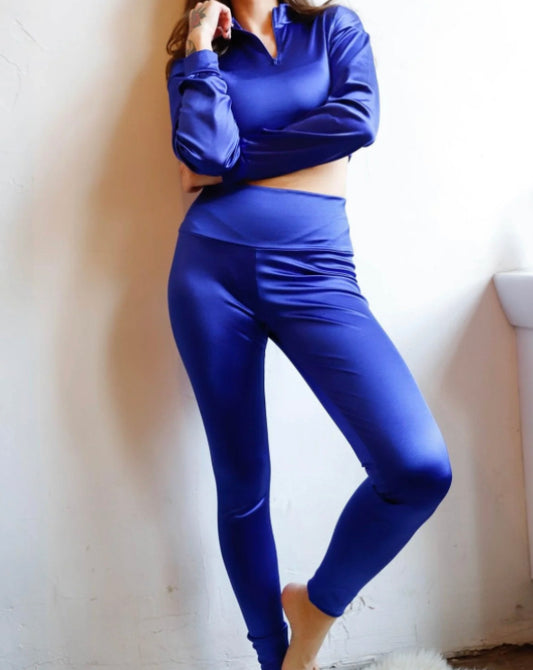 Royal Blue Shine Mock Neck Crop Top & High Waist Leggings Set